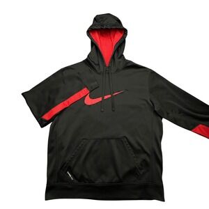 Nike Hoodie Mens L Black Red Therma-FIT Swoosh Pullover Sweatshirt